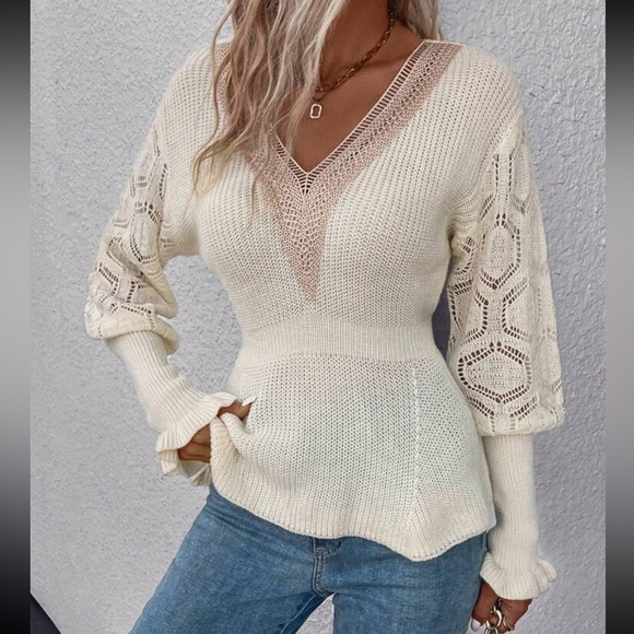 Comfy Sheer Mesh Crochet Guipure Lace Cuff Long Sleeve Peplum Knit Sweater - Picture 5 of 5